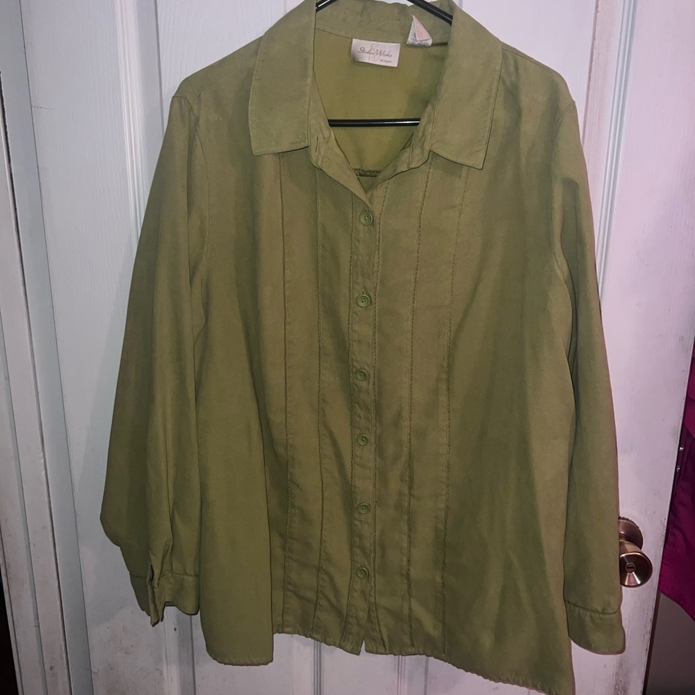 Sage green and teal button up blouses. Sizes 2X and 18. Brushed cotton.